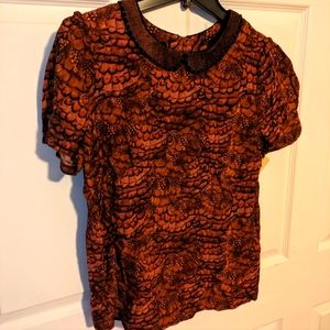 Maison Scotch Feather Print Top Peter Pan Collar, Sz 2 / US Medium